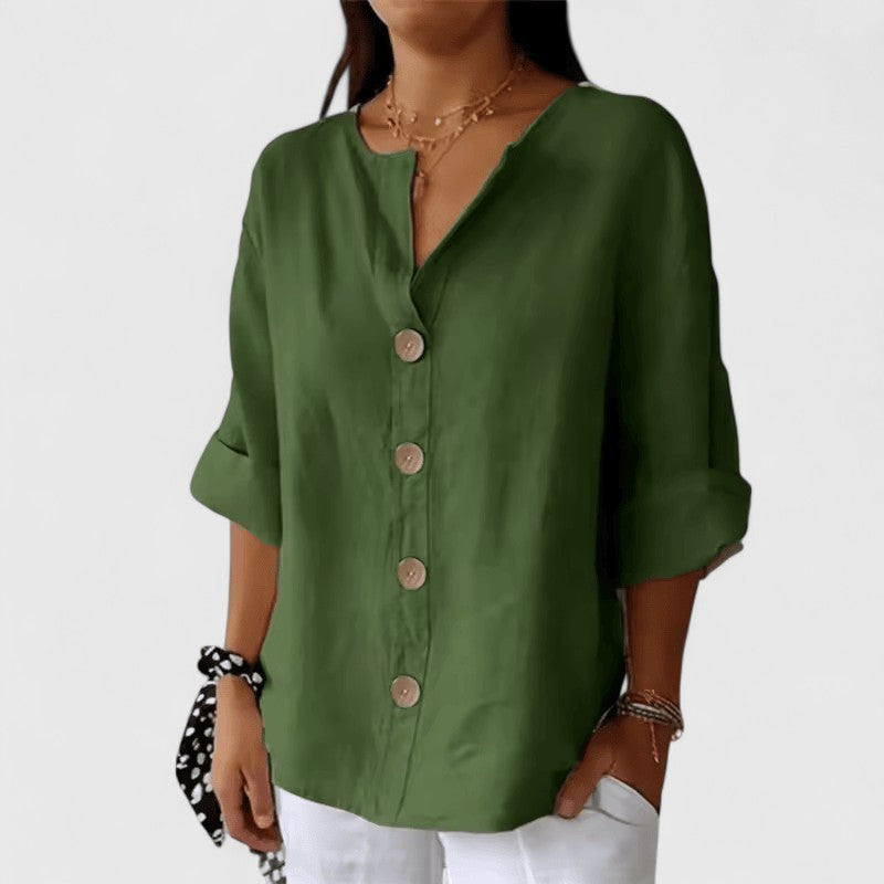 Galswinthe Button-Down Roll-Tab Sleeve Blouse