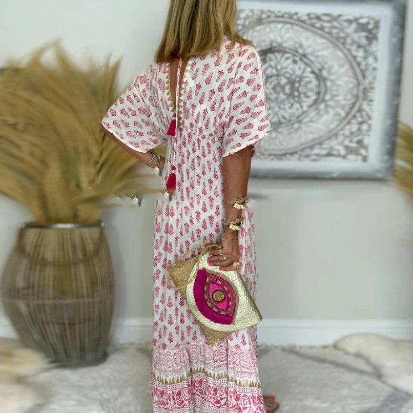 Mahsati Boho Print Maxi Dress with Short Sleeves