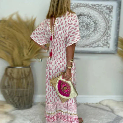 Mahsati Boho Print Maxi Dress with Short Sleeves