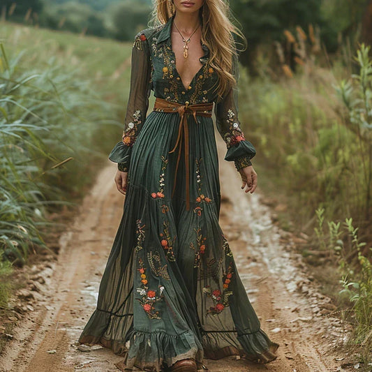 Golnar Embroidered Maxi Dress with V-Neck