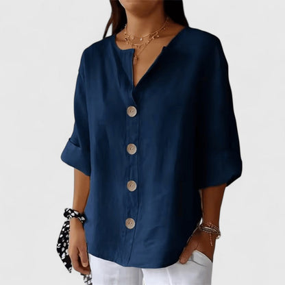Galswinthe Button-Down Roll-Tab Sleeve Blouse
