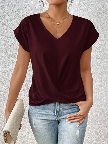 Hermeline V-Neck Twist-Front Short Sleeve Top