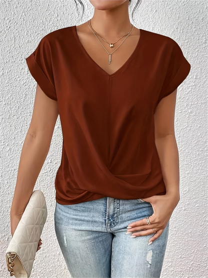 Hermeline V-Neck Twist-Front Short Sleeve Top