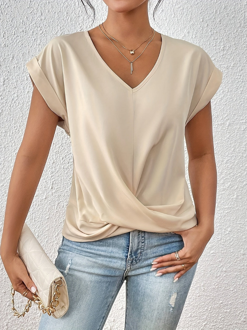 Hermeline V-Neck Twist-Front Short Sleeve Top