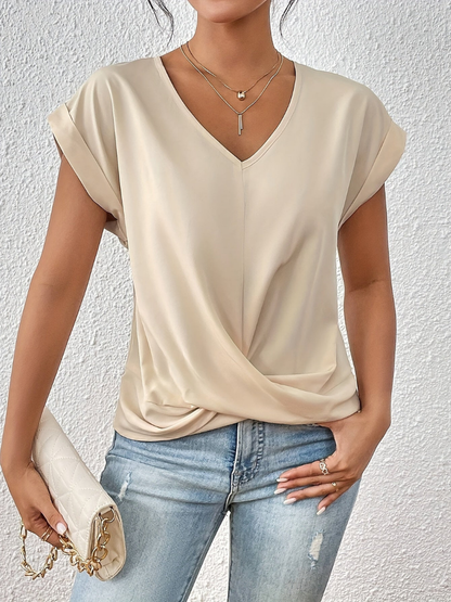Hermeline V-Neck Twist-Front Short Sleeve Top
