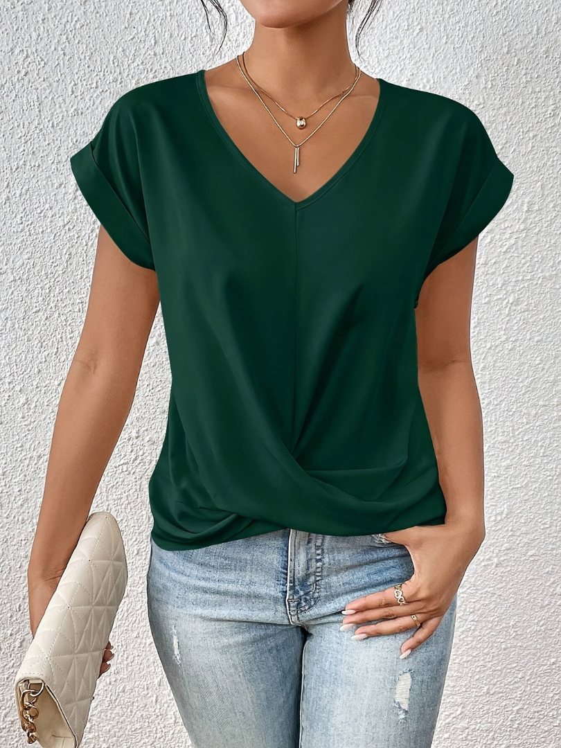 Hermeline V-Neck Twist-Front Short Sleeve Top