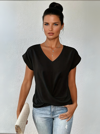 Hermeline V-Neck Twist-Front Short Sleeve Top
