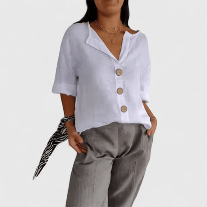 Galswinthe Button-Down Roll-Tab Sleeve Blouse