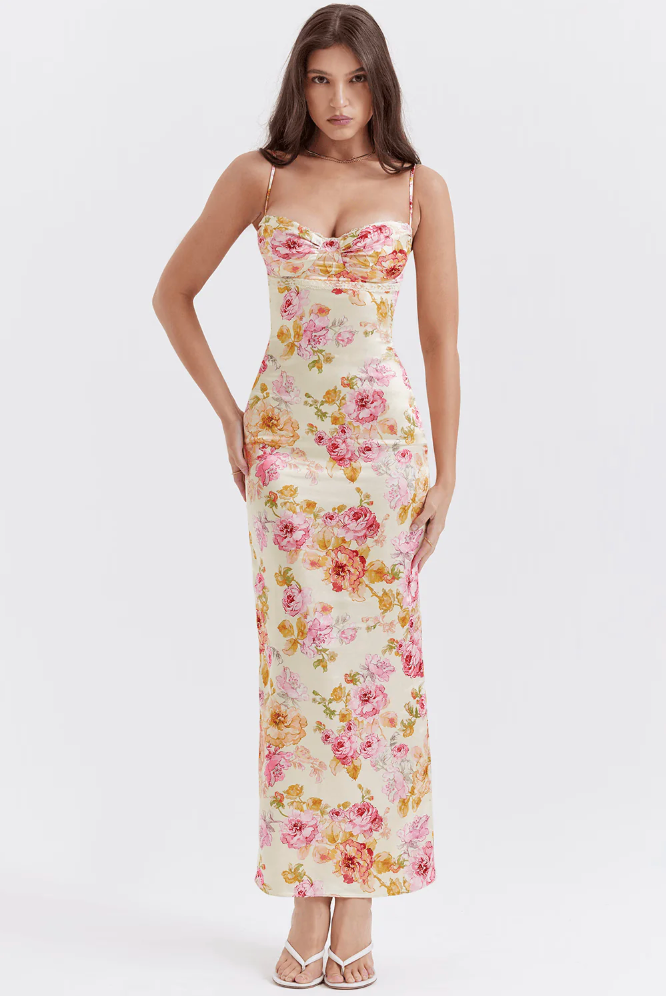 Irmgard Floral Wedding Guest Maxi Dress with Sweetheart Neckline
