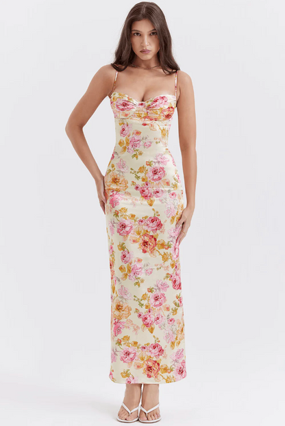 Irmgard Floral Wedding Guest Maxi Dress with Sweetheart Neckline