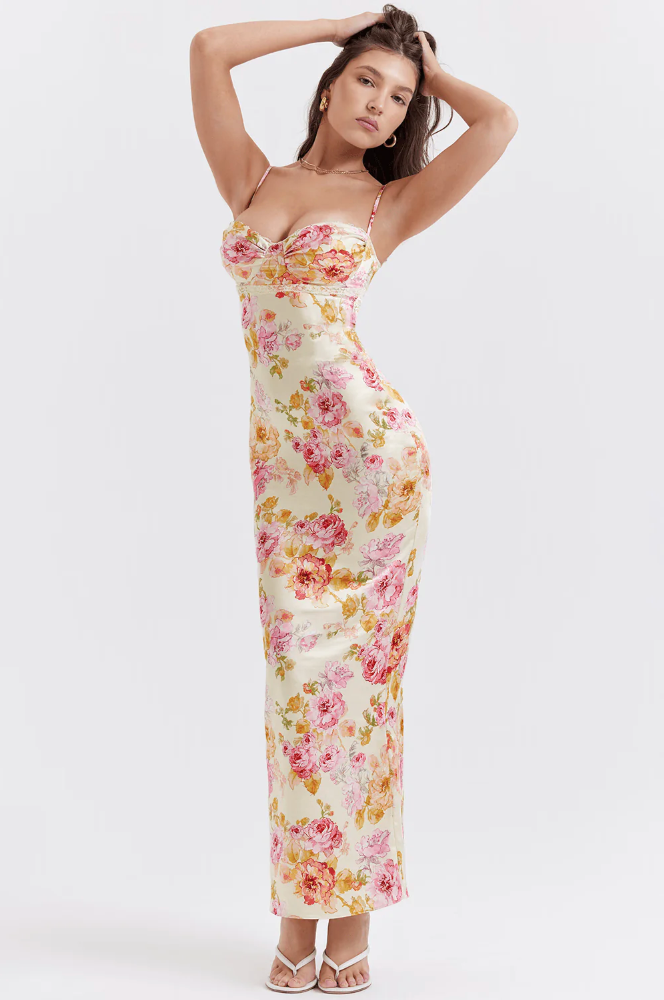 Irmgard Floral Wedding Guest Maxi Dress with Sweetheart Neckline