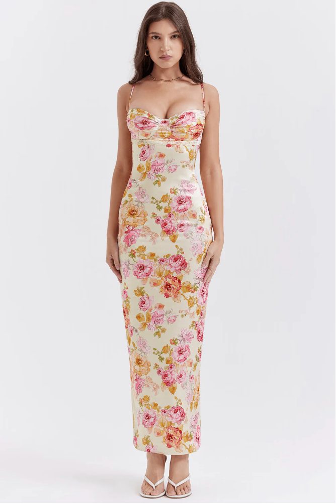 Irmgard Floral Wedding Guest Maxi Dress with Sweetheart Neckline