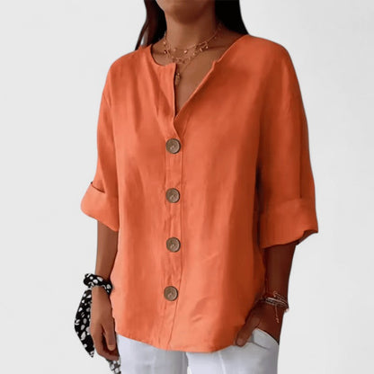 Galswinthe Button-Down Roll-Tab Sleeve Blouse