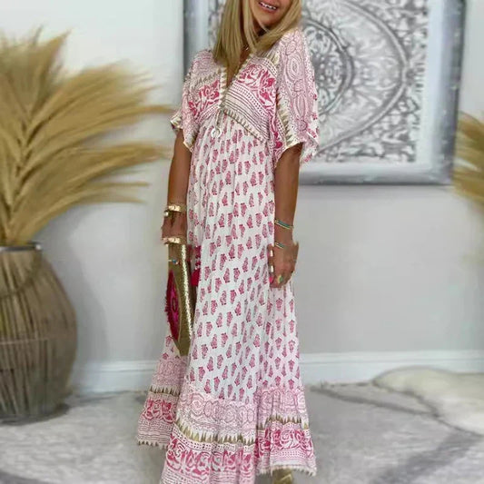 Mahsati Boho Print Maxi Dress with Short Sleeves