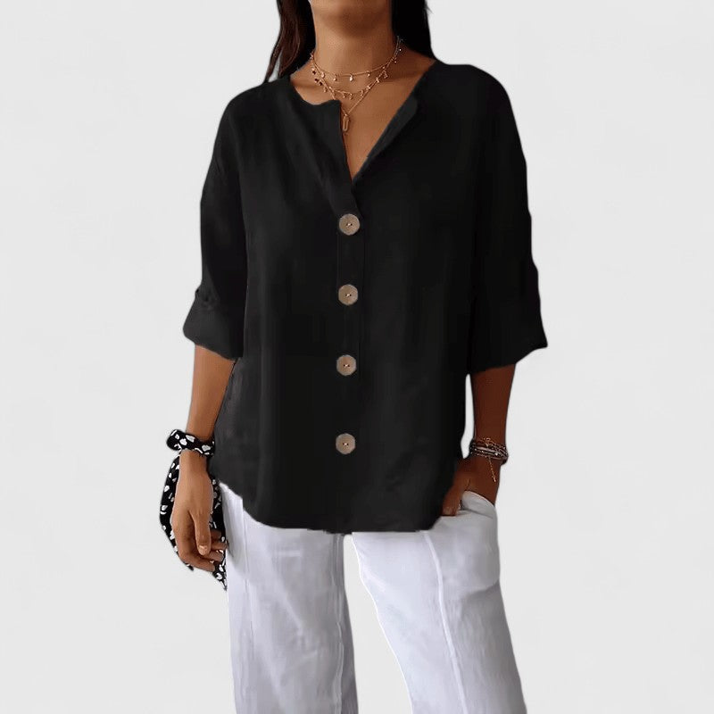 Galswinthe Button-Down Roll-Tab Sleeve Blouse