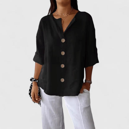 Galswinthe Button-Down Roll-Tab Sleeve Blouse