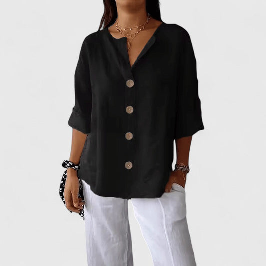 Galswinthe Button-Down Roll-Tab Sleeve Blouse