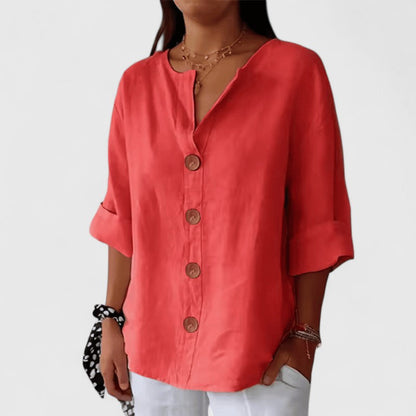 Galswinthe Button-Down Roll-Tab Sleeve Blouse