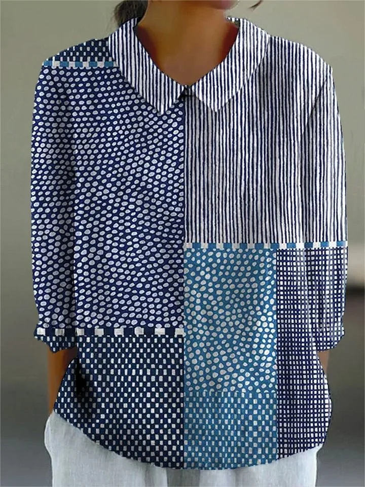 Odeline Patchwork Print Collared Long Sleeve Blouse