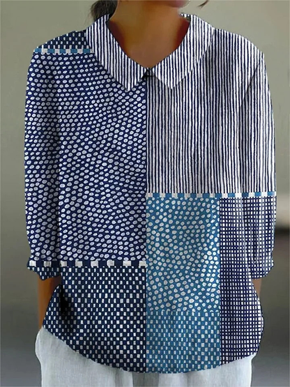 Odeline Patchwork Print Collared Long Sleeve Blouse