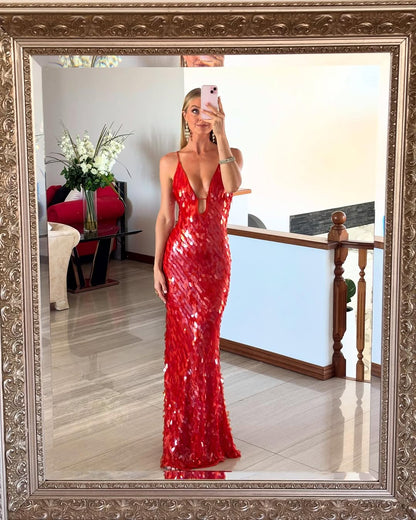 Jeltje Sequin Wedding Guest Backless Maxi Dress