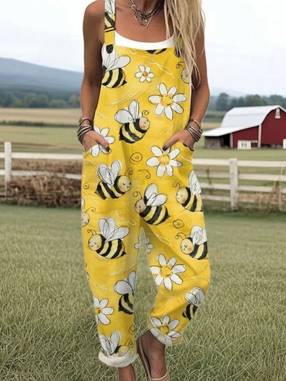 Bietrix Sleeveless Bee Print Overall Jumpsuit