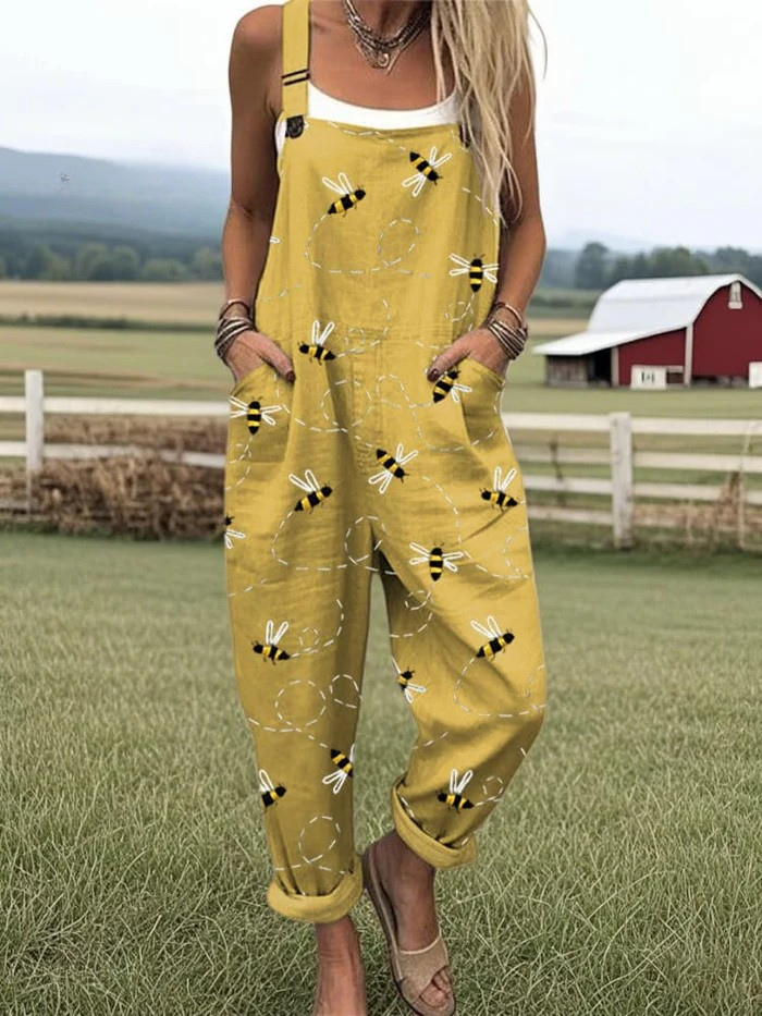 Bietrix Sleeveless Bee Print Overall Jumpsuit