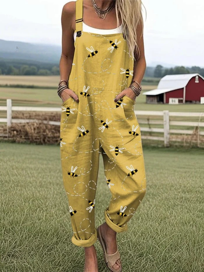 Bietrix Sleeveless Bee Print Overall Jumpsuit
