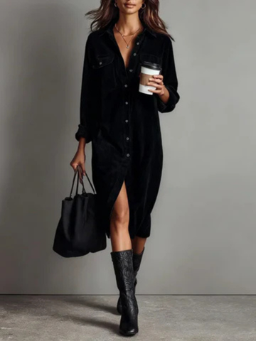 Auberee Velvet Button-Down Midi Shirt Dress
