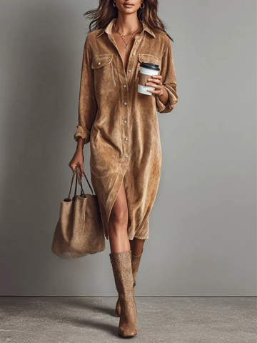 Auberee Velvet Button-Down Midi Shirt Dress