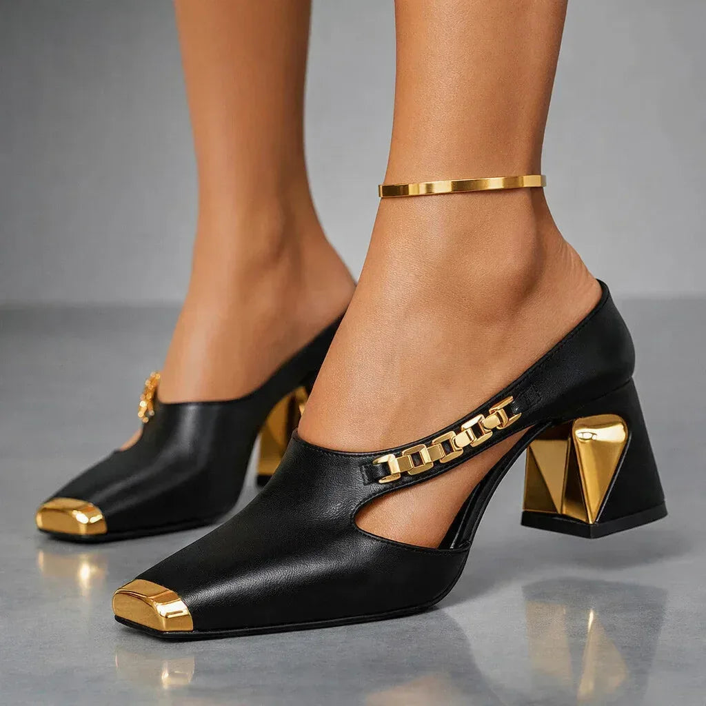 Leofflaed Block Heel Mule Pumps with Pointed Toe