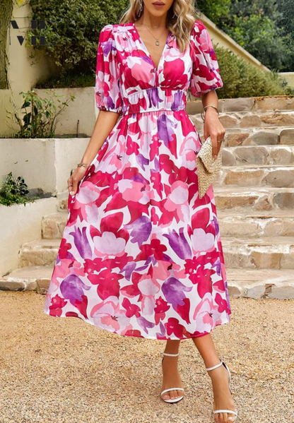 Vellamo Floral V-Neck Midi Dress