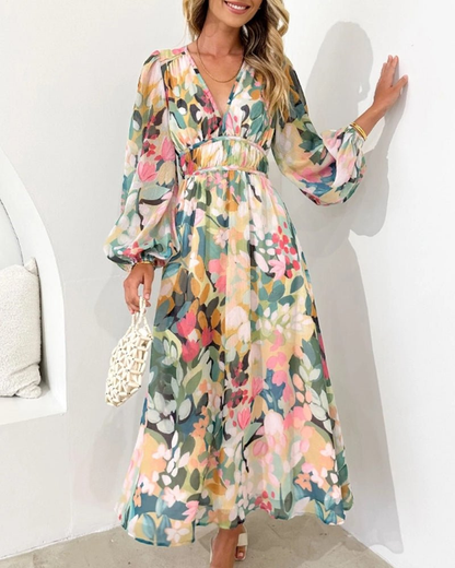 Wilfrida Floral V-Neck Puff Sleeve A-Line Midi Dress