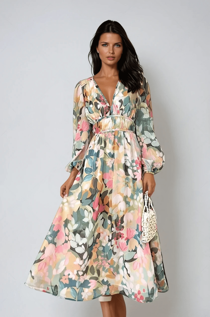 Wilfrida Floral V-Neck Puff Sleeve A-Line Midi Dress