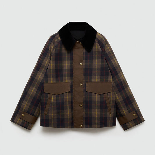 Heahburh Plaid Button-Down Jacket with Faux Fur Collar