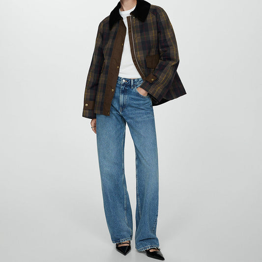Heahburh Plaid Button-Down Jacket with Faux Fur Collar