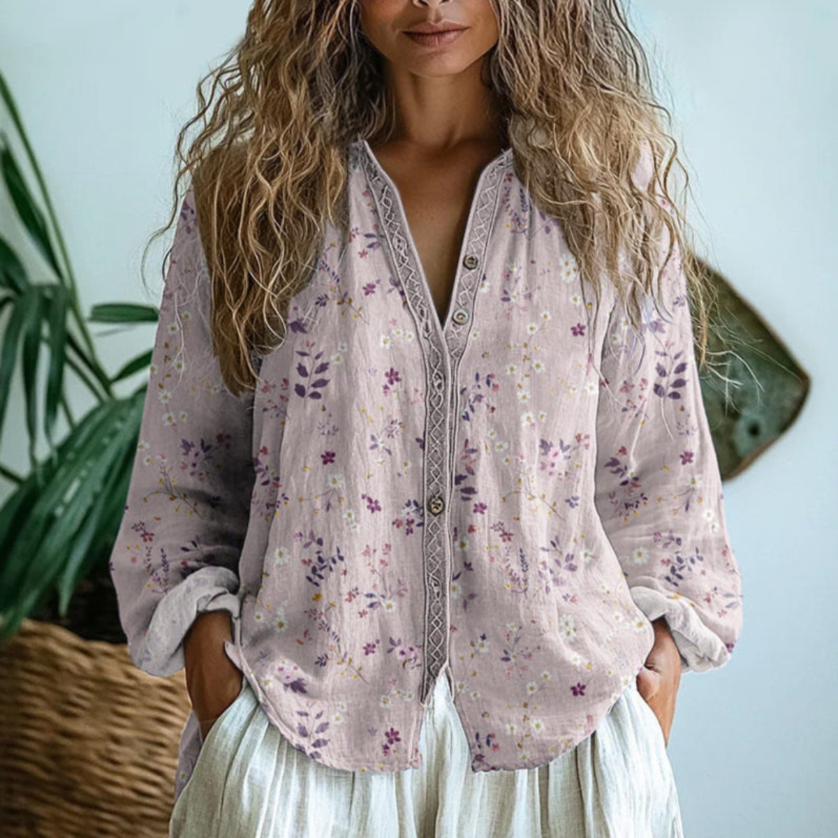 Flourie Floral V-Neck Button-Down Linen Blouse
