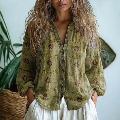 Flourie Floral V-Neck Button-Down Linen Blouse