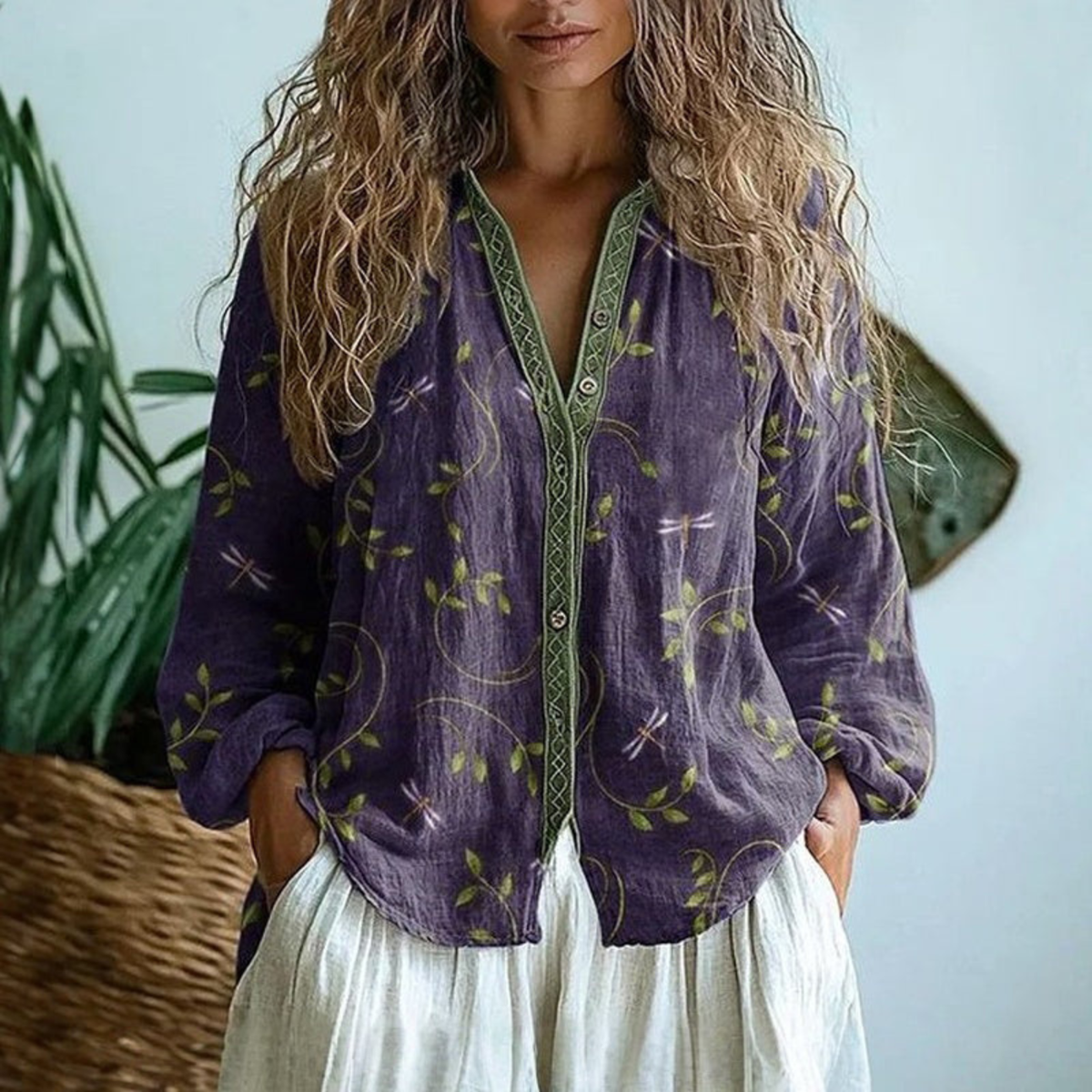 Flourie Floral V-Neck Button-Down Linen Blouse