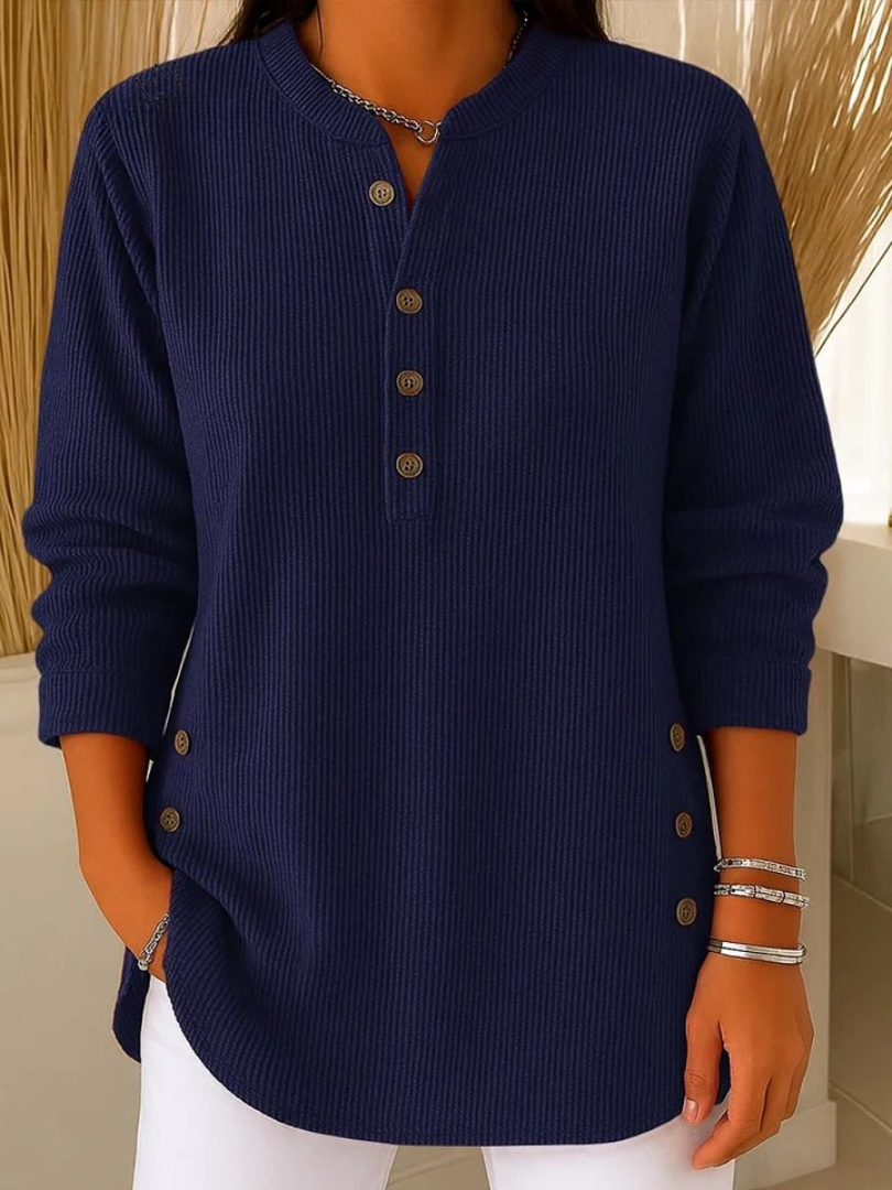 Magdalini Ribbed Knit Henley Top with Long Sleeves