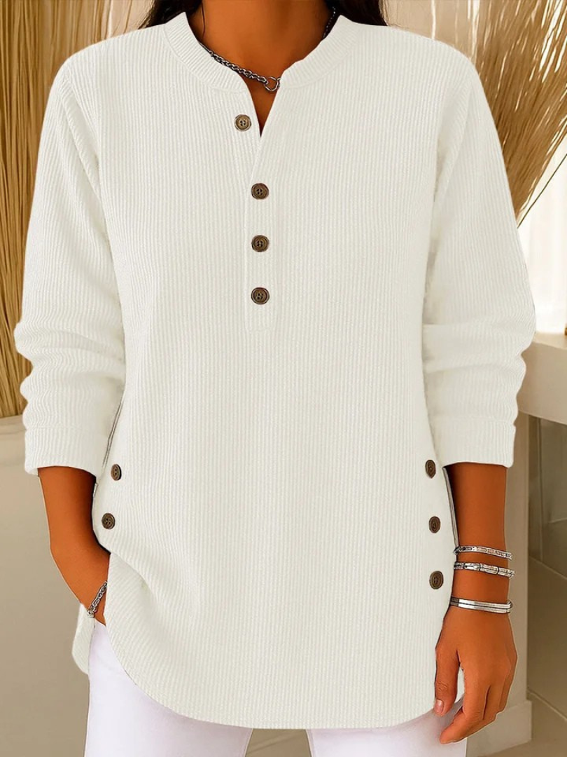 Magdalini Ribbed Knit Henley Top with Long Sleeves