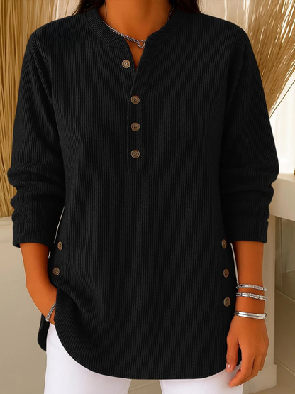 Magdalini Ribbed Knit Henley Top with Long Sleeves
