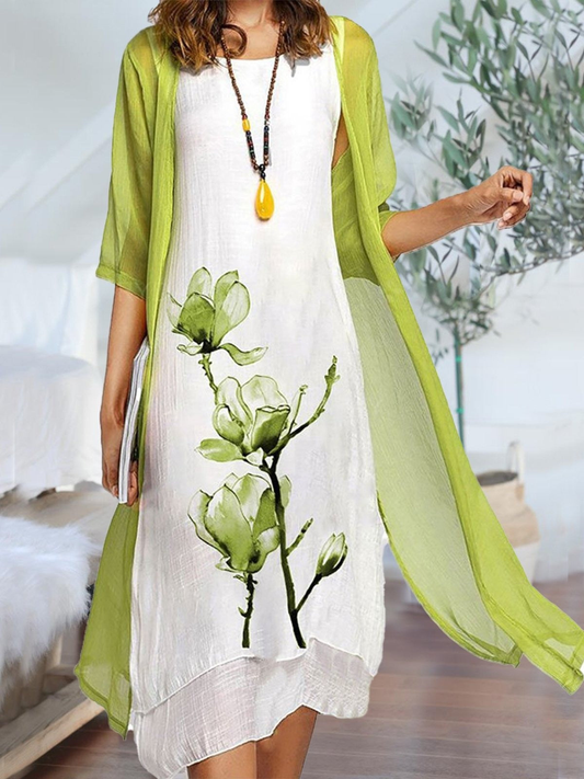 Chrestienne Linen Floral Midi Dress and Chiffon Cardigan Set