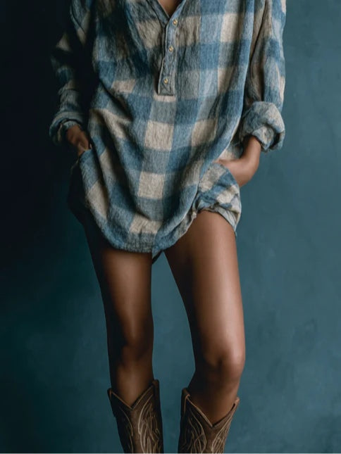 Sexburh Plaid Henley Long Sleeve Mini Dress