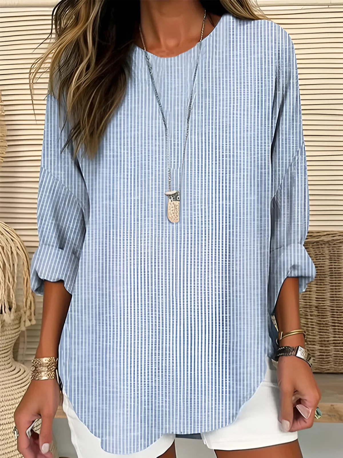 Sinikka Vertical Stripe Blouse with Round Neck