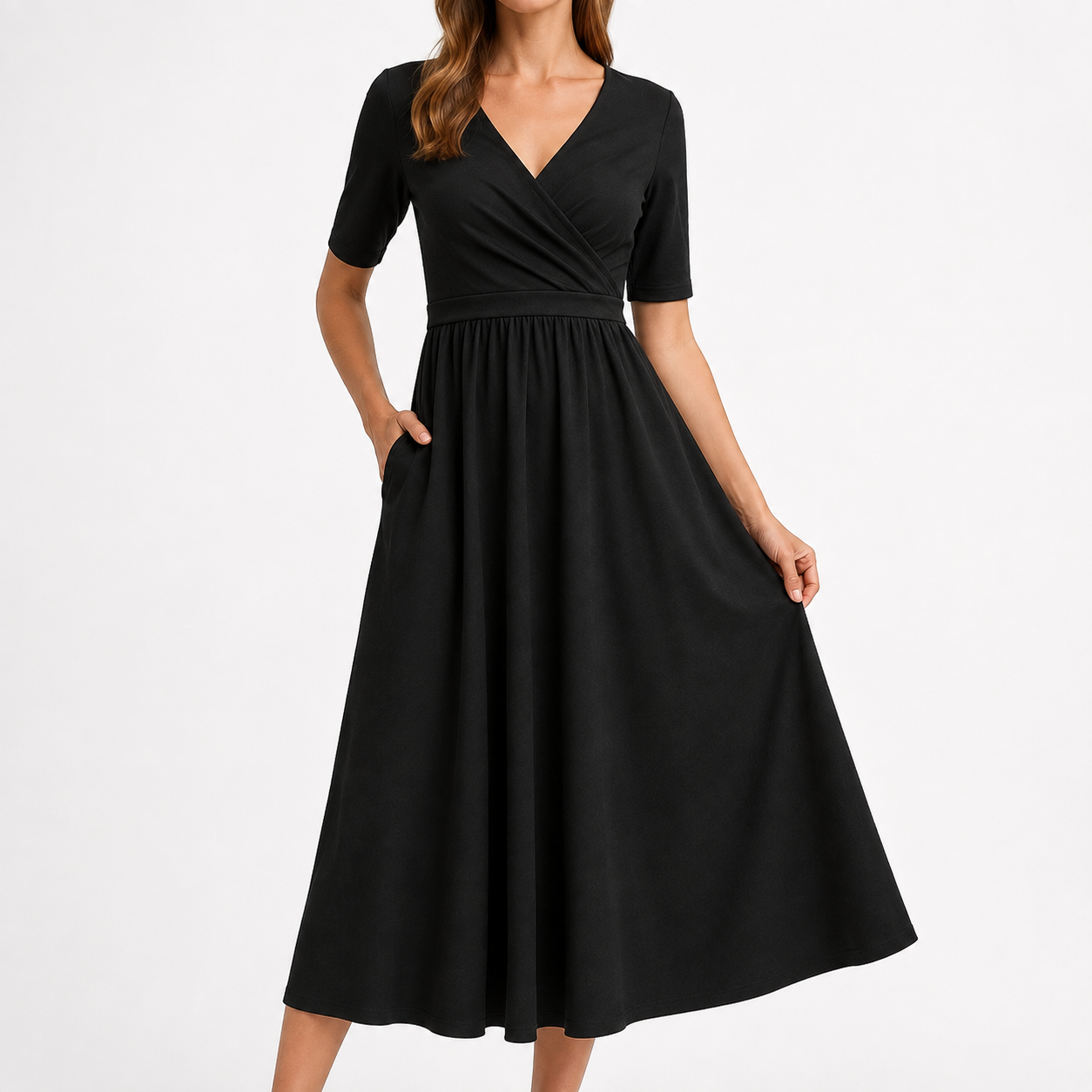 Camille Wrap Midi Dress with V-Neck & Pockets