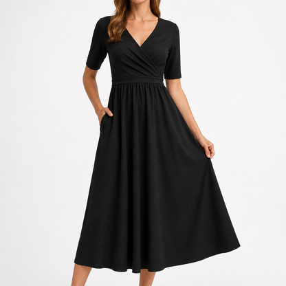 Camille Wrap Midi Dress with V-Neck & Pockets