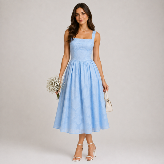 Evangeline Blue Lace Jacquard Midi Dress