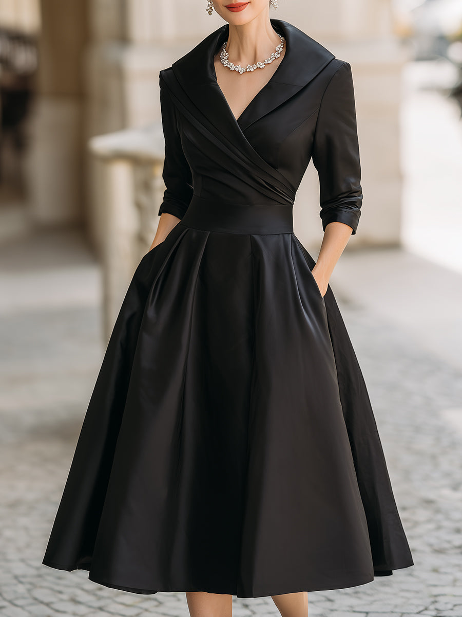 Birute Wrap V-Neck Midi Dress with Three-Quarter Sleeves