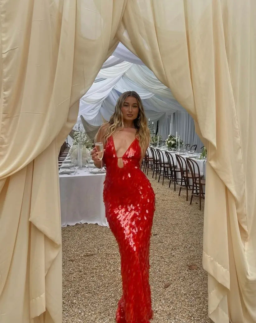 Jeltje Sequin Wedding Guest Backless Maxi Dress